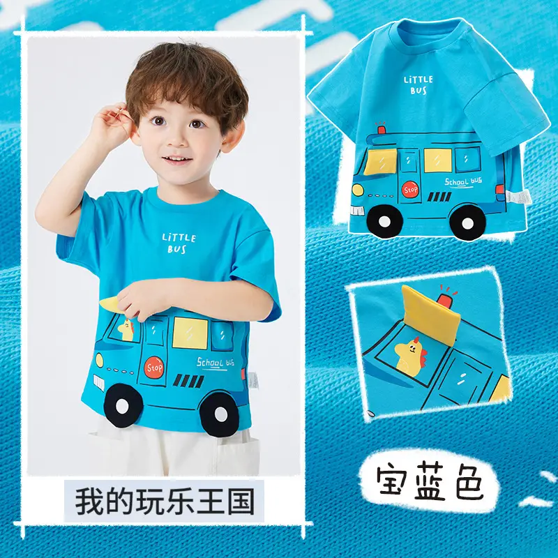 Kids Bus T-Shirt Blue Cotton 2025 Summer - Image 2
