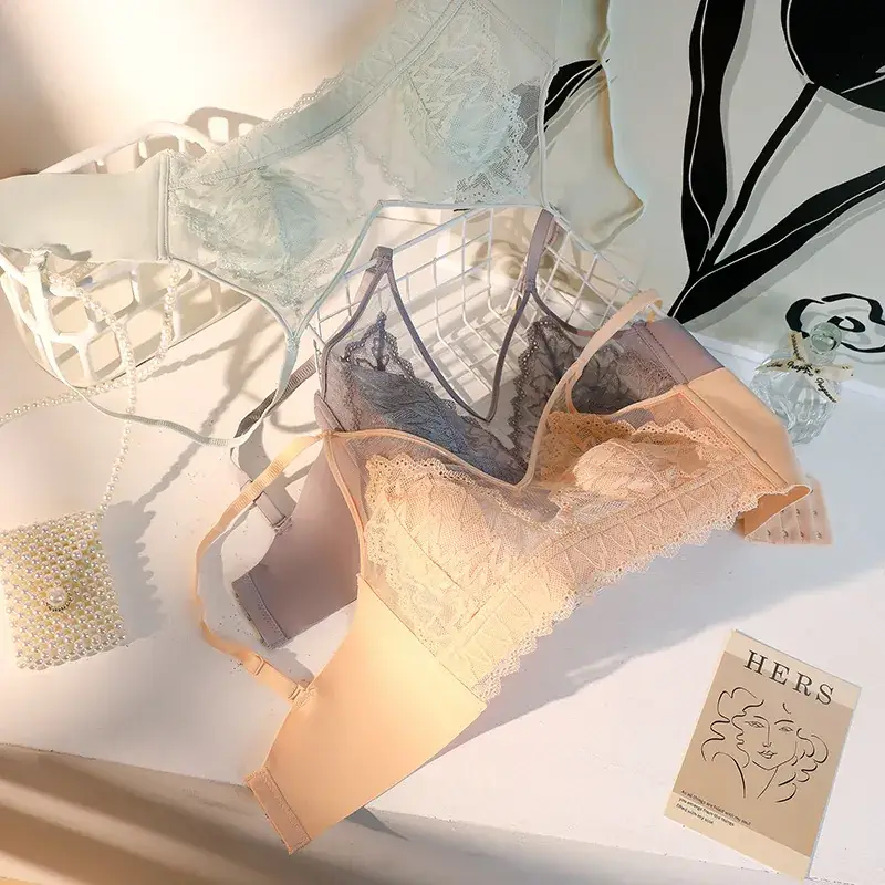Wire-Free Lace Bra Big Breasts Show Small Push-Up - Image 19