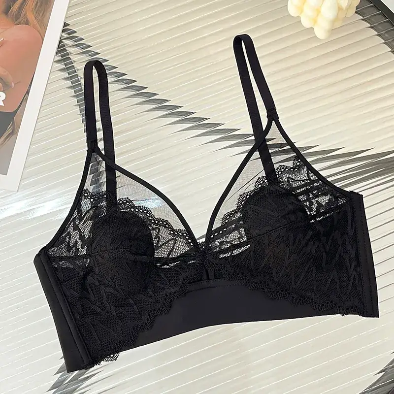 Wire-Free Lace Bra Big Breasts Show Small Push-Up - Image 10