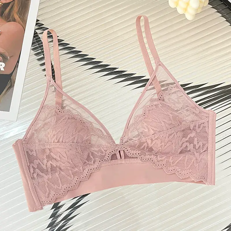 Wire-Free Lace Bra Big Breasts Show Small Push-Up - Image 11