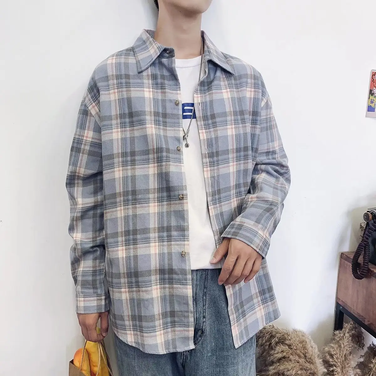 Men Plaid Long Sleeve Shirt Autumn Winter Warm Hong Kong Style - Image 4