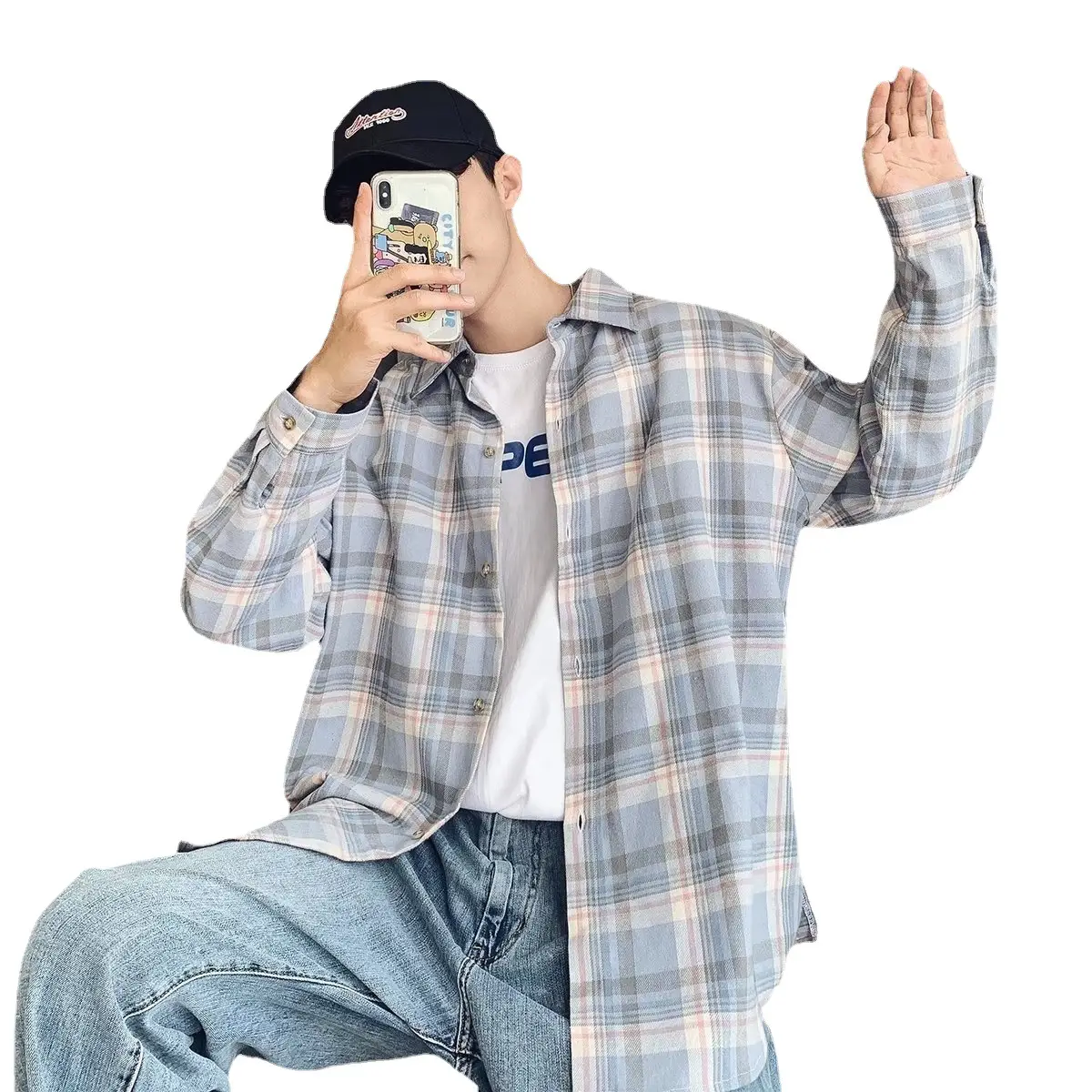 Men Plaid Long Sleeve Shirt Autumn Winter Warm Hong Kong Style - Image 7