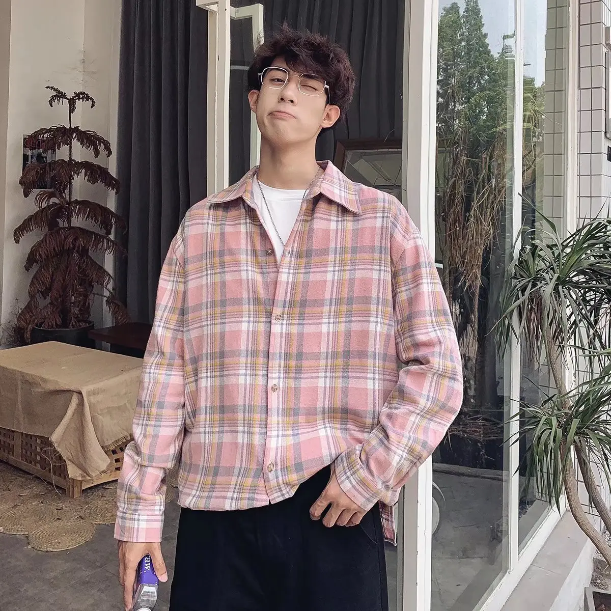 Men Plaid Long Sleeve Shirt Autumn Winter Warm Hong Kong Style - Image 2