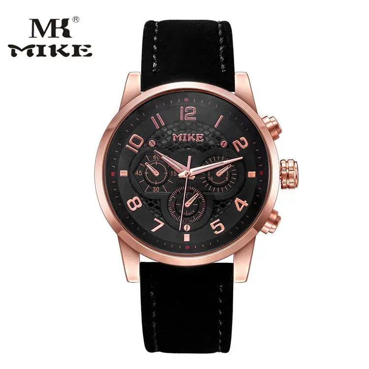 Men's Rose Gold Leather Belt Watch with 3 Subdials