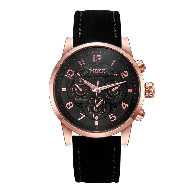 Men's Rose Gold Leather Belt Watch with 3 Subdials