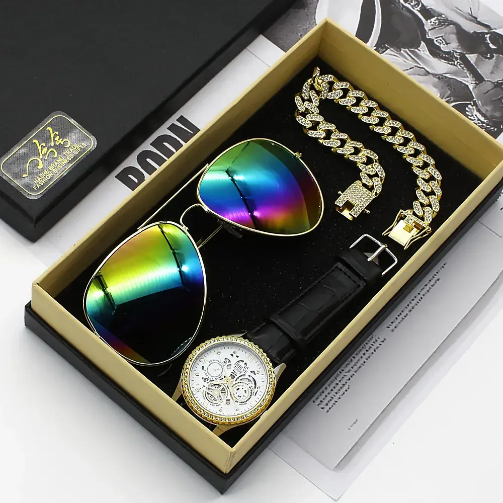 Men's 5-Piece Gold Accessories Set with Rainbow Sunglasses & Watch