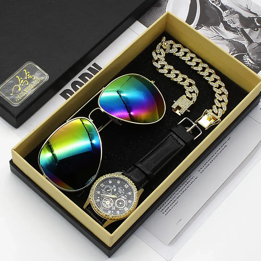 Men's 5-Piece Gold Accessories Set with Rainbow Sunglasses & Watch