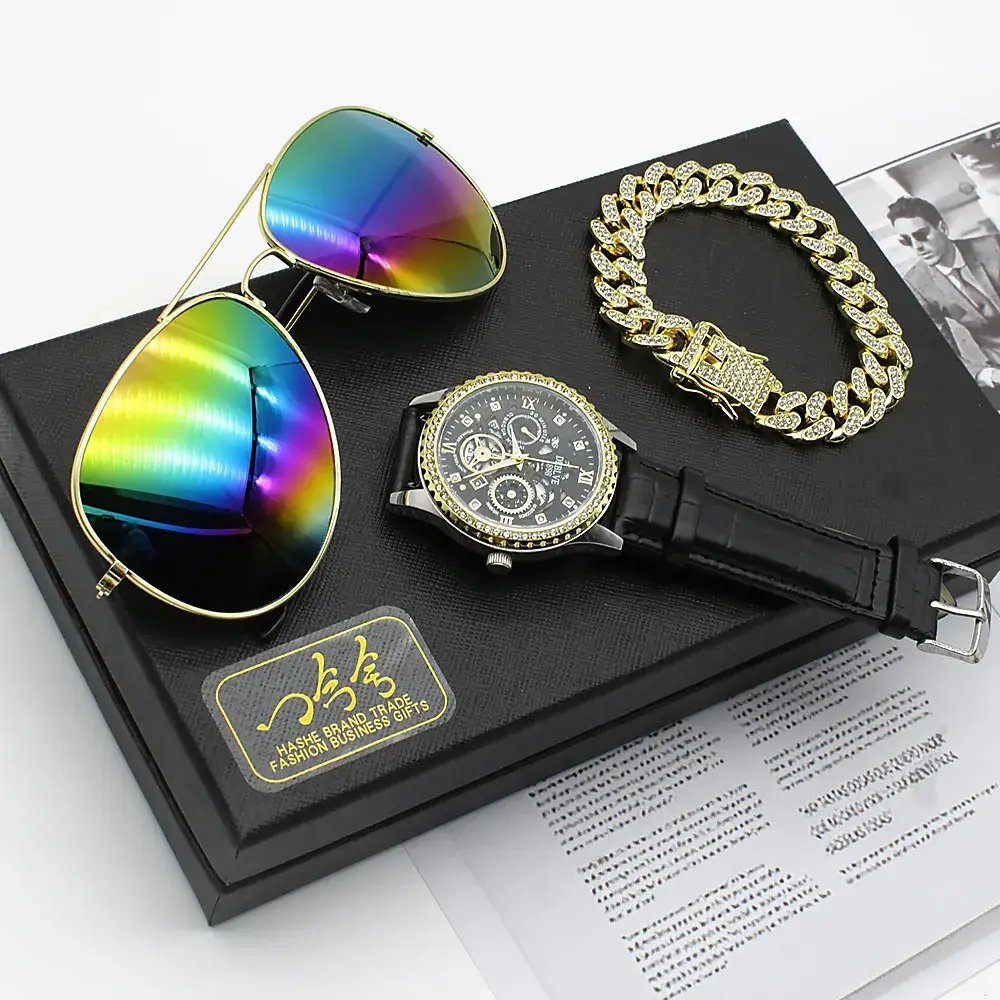 Men's 5-Piece Gold Accessories Set with Rainbow Sunglasses & Watch