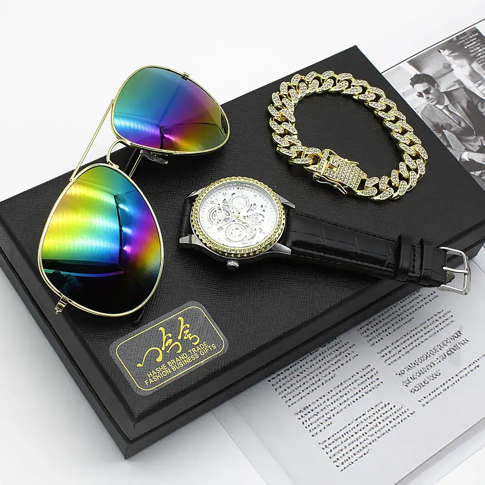Men's 5-Piece Gold Accessories Set with Rainbow Sunglasses & Watch