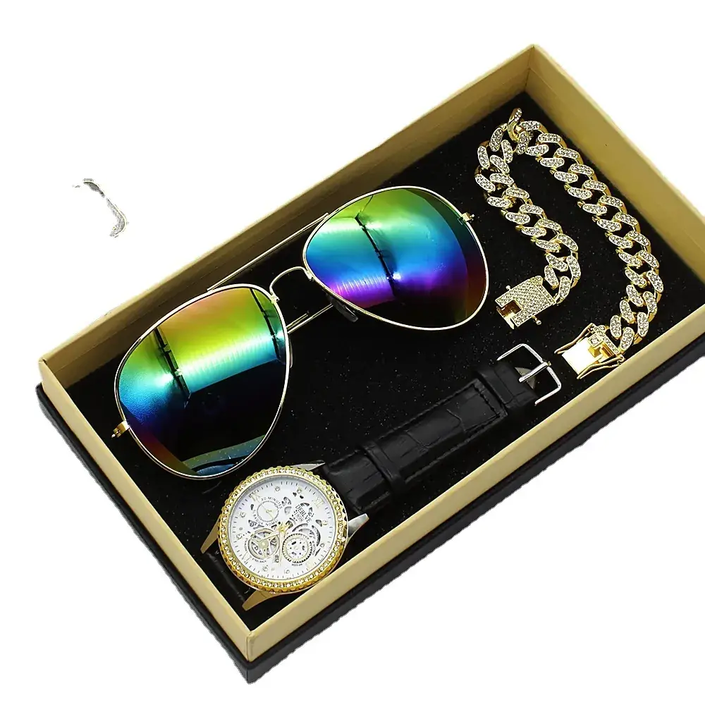 Men's 5-Piece Gold Accessories Set with Rainbow Sunglasses & Watch