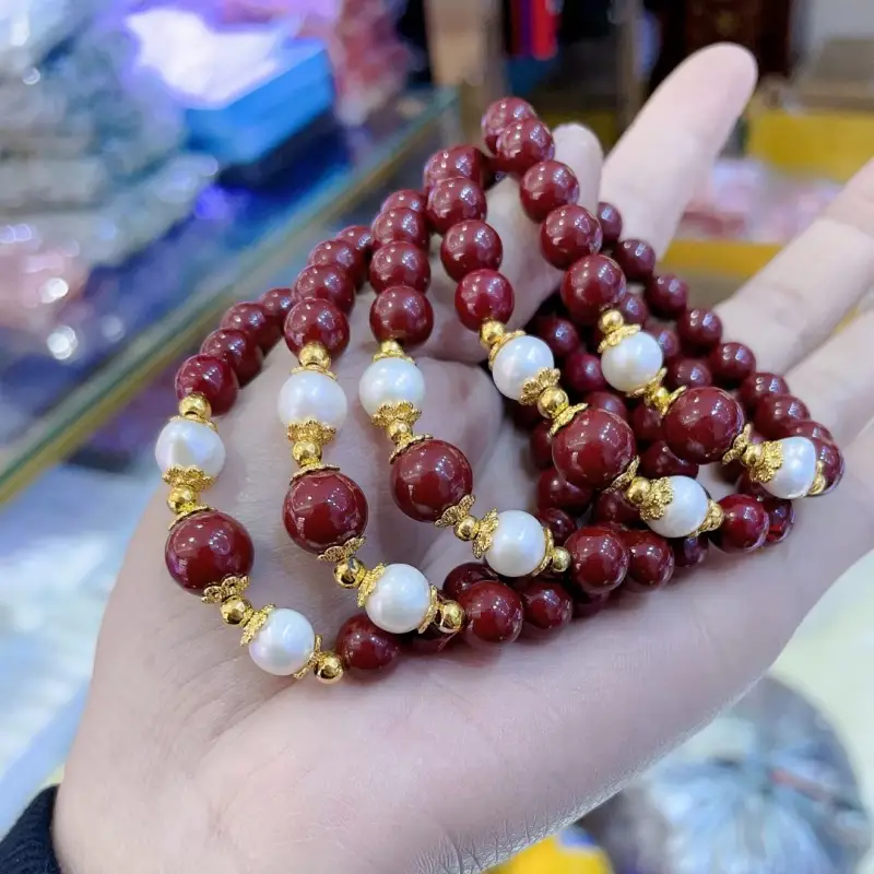 Cinnabar Heart Bracelet Set Red Gold Pearl Mother's Day Gift - Image 2