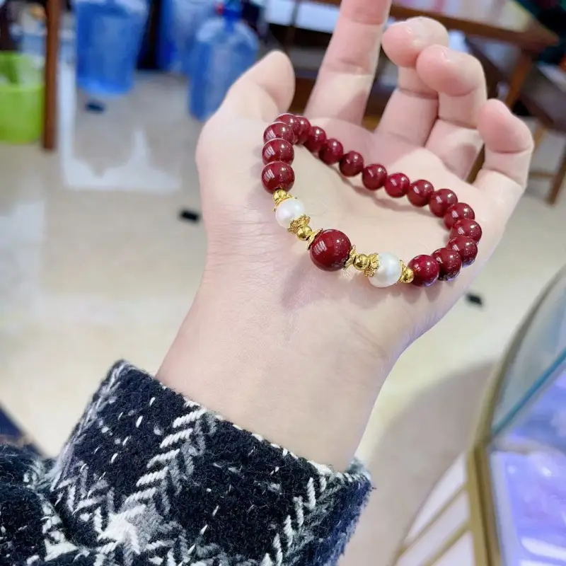 Cinnabar Heart Bracelet Set Red Gold Pearl Mother's Day Gift - Image 3
