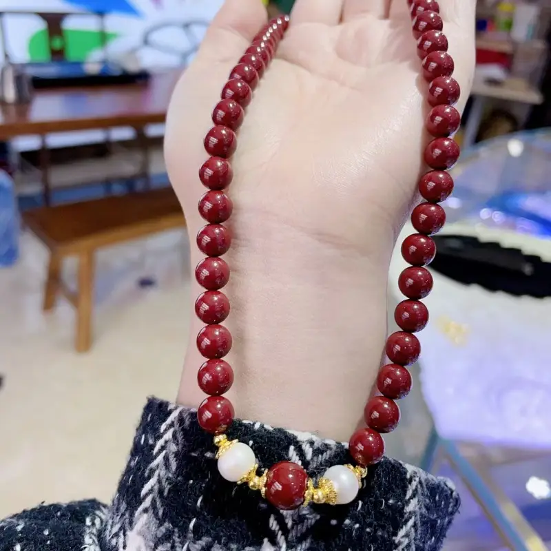 Cinnabar Heart Bracelet Set Red Gold Pearl Mother's Day Gift - Image 4