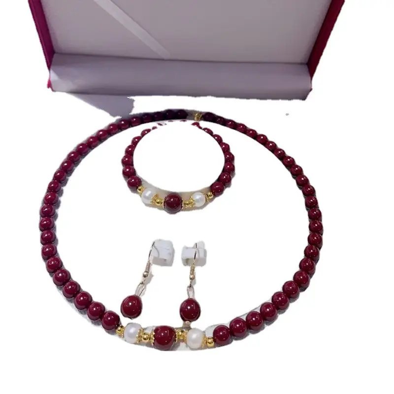 Cinnabar Heart Bracelet Set Red Gold Pearl Mother's Day Gift - Image 5