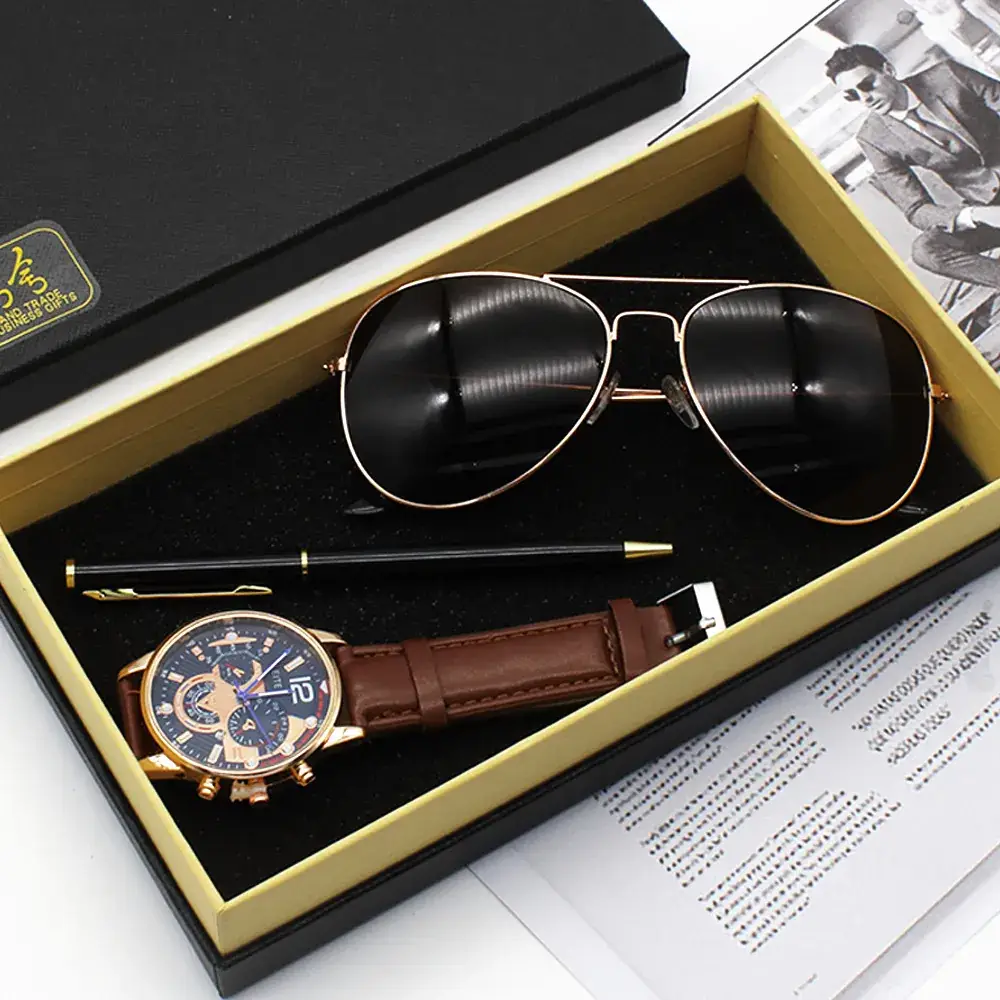 Men's Black Sunglasses Watch Set with Watch & Pen - Image 4