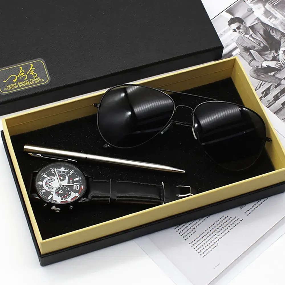 Men's Black Sunglasses Watch Set with Watch & Pen - Image 2