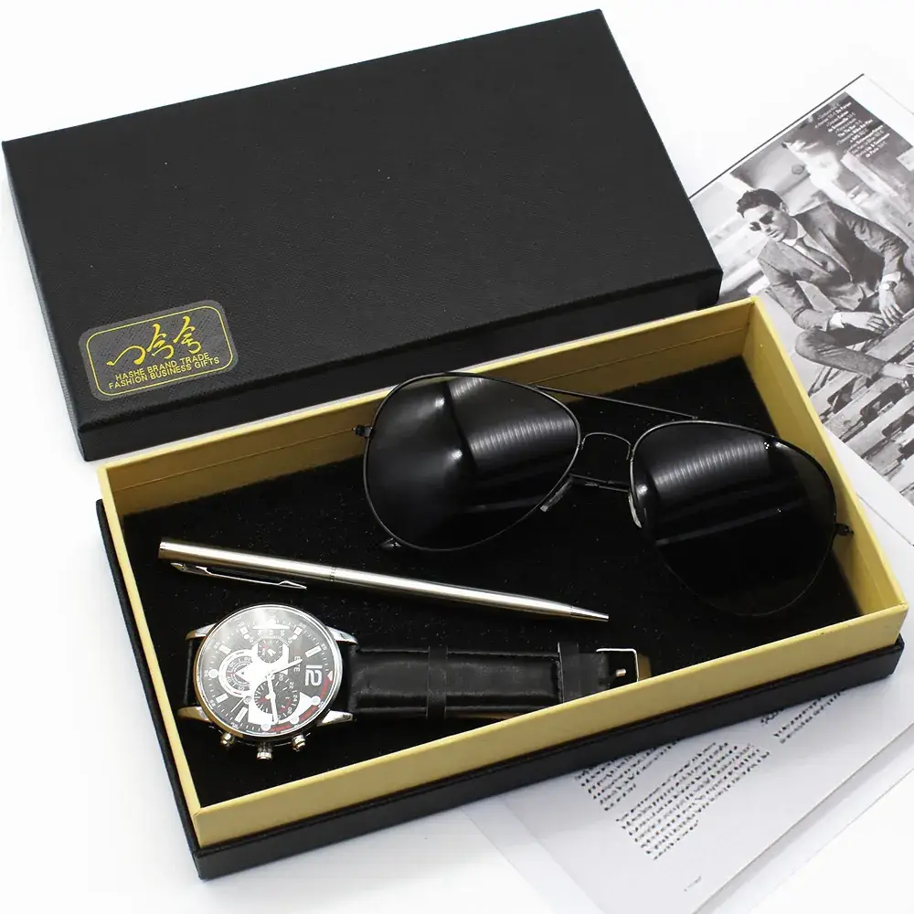 Men's Black Sunglasses Watch Set with Watch & Pen - Image 3