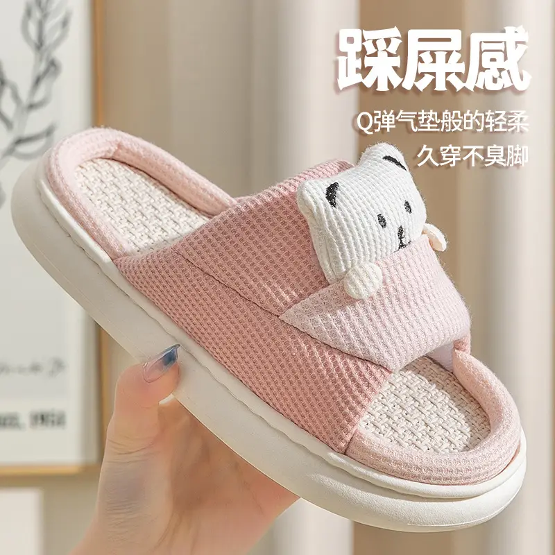New Home Mute Feeling Cartoon Practical Cotton Slippers Spring Linen Slippers Women's Thick Sole Fashion Wholesale