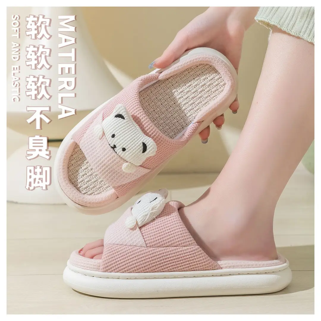 New Home Mute Feeling Cartoon Practical Cotton Slippers Spring Linen Slippers Women's Thick Sole Fashion Wholesale