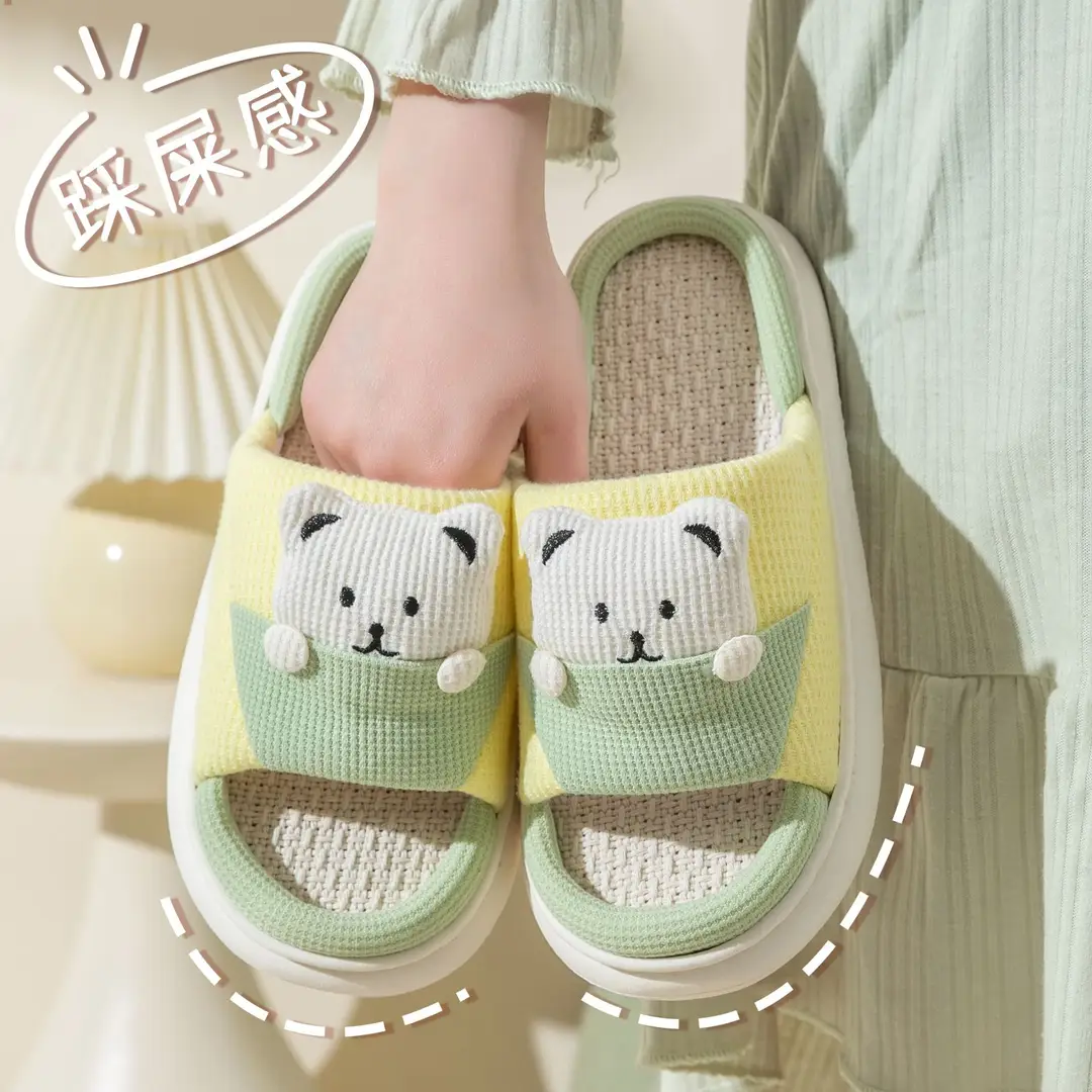 New Home Mute Feeling Cartoon Practical Cotton Slippers Spring Linen Slippers Women's Thick Sole Fashion Wholesale