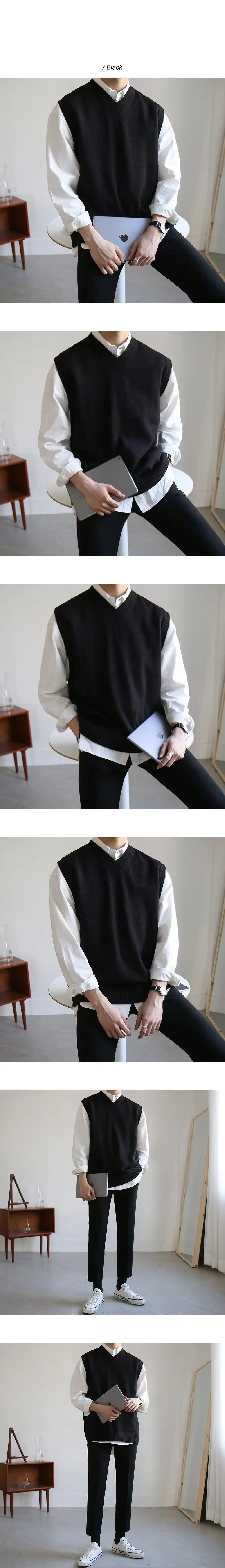 Men's Black Knitted Sleeveless Vest Winter Vest Sweater Jacket — feature 3