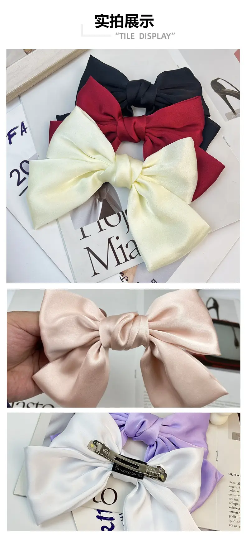 Japanese Style Satin Bow Hairpin Navy Blue — feature 4