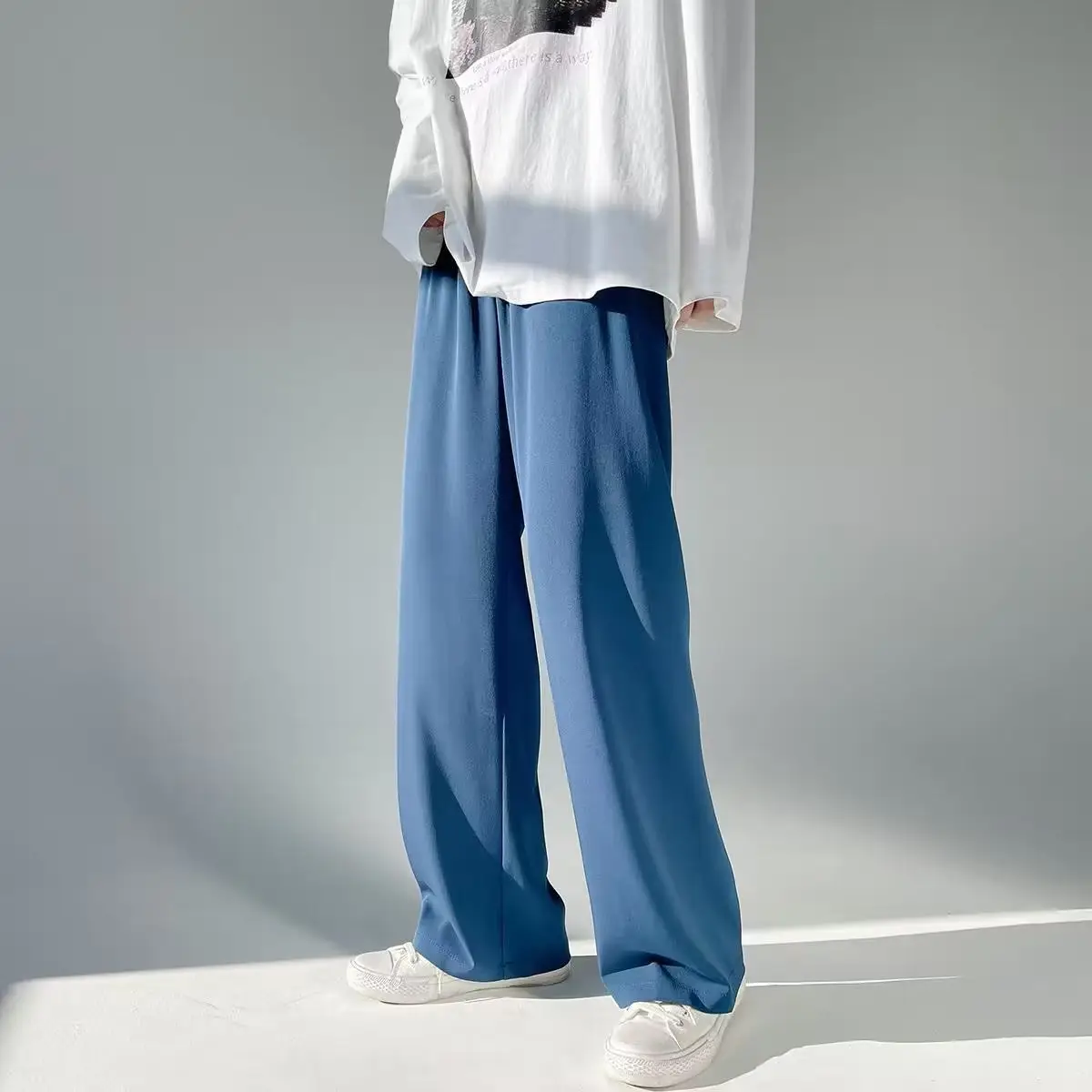 Men Ice Silk Draping Pants Blue White Casual Summer - Image 5