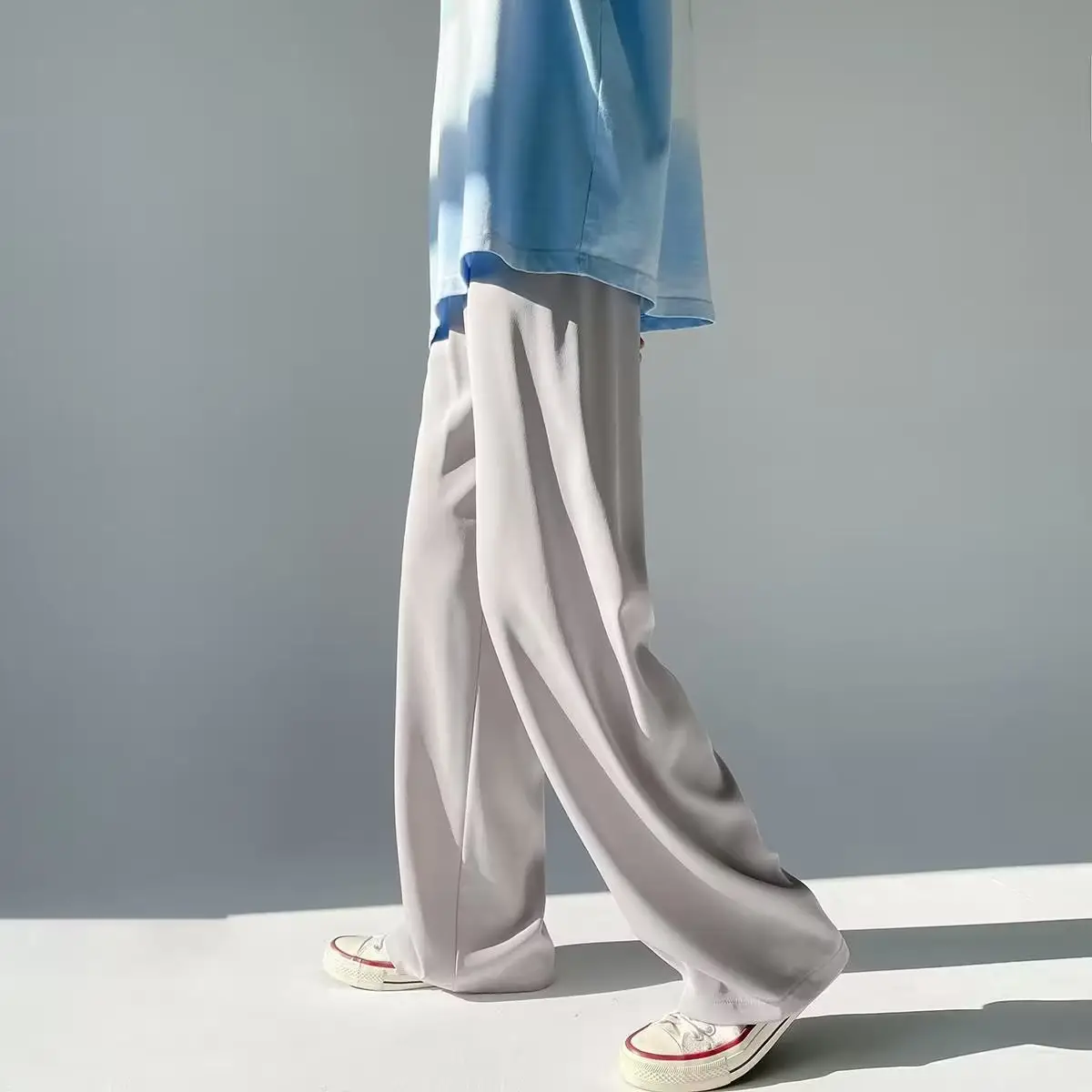 Men Ice Silk Draping Pants Blue White Casual Summer - Image 6