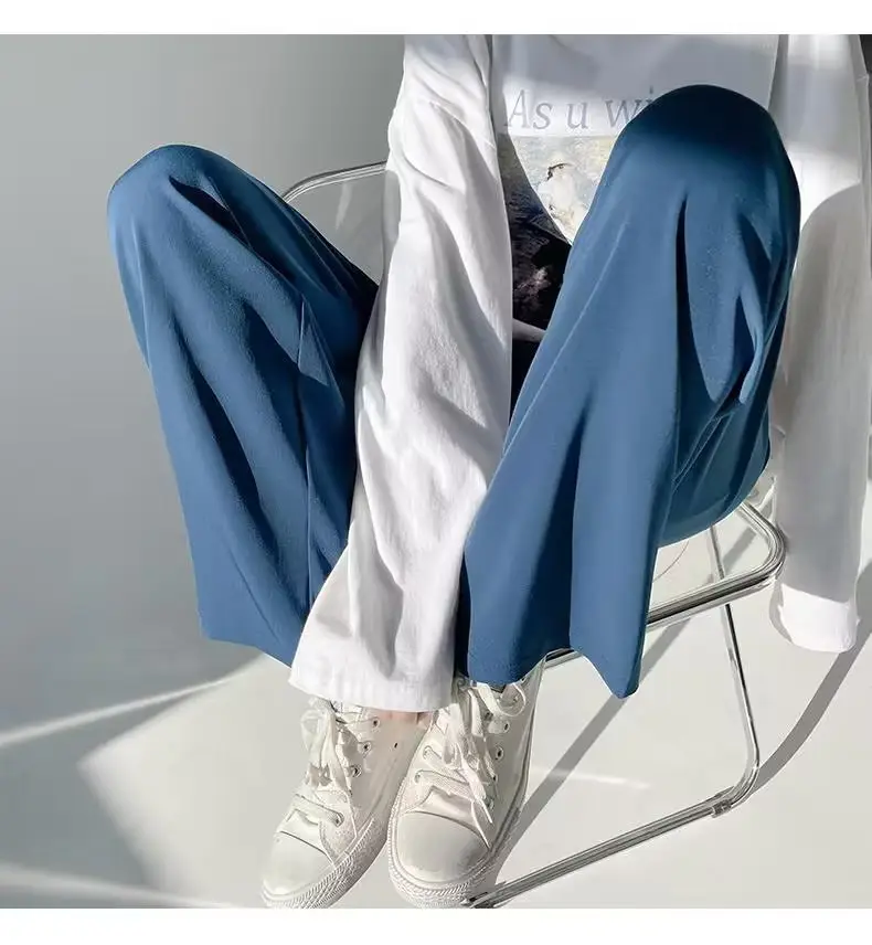 Men Ice Silk Draping Pants Blue White Casual Summer — feature 19