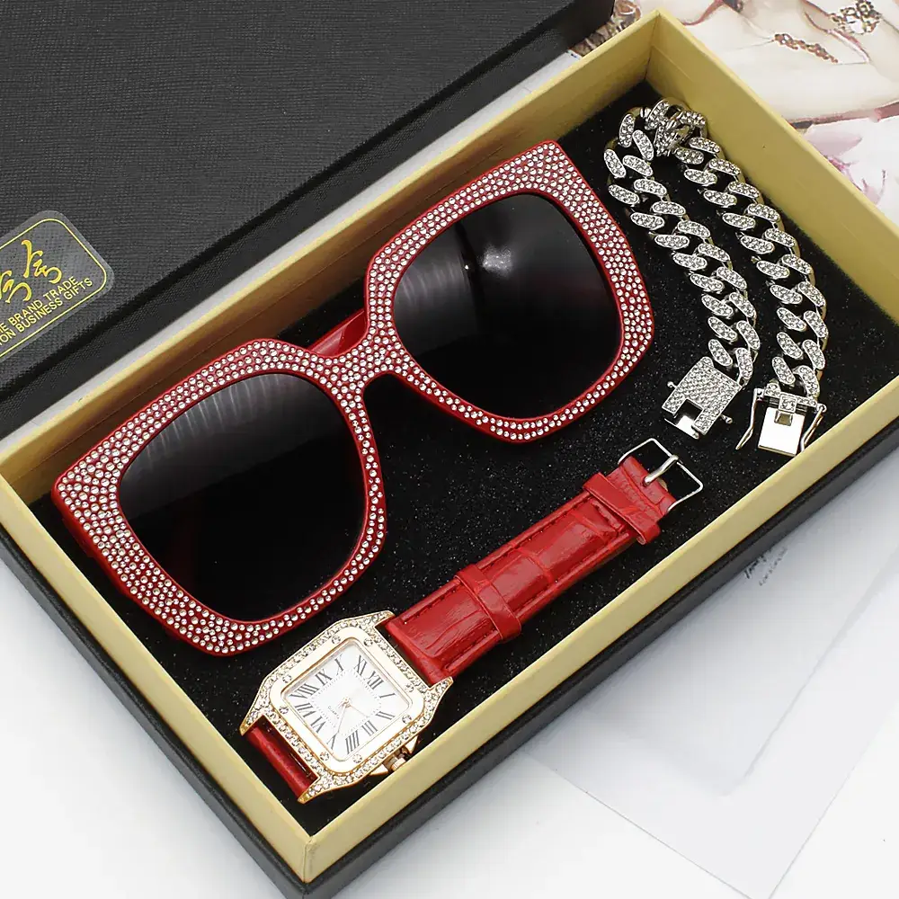 Diamond Sunglasses Watch Set for Women Red Leather Bracelet - Image 5
