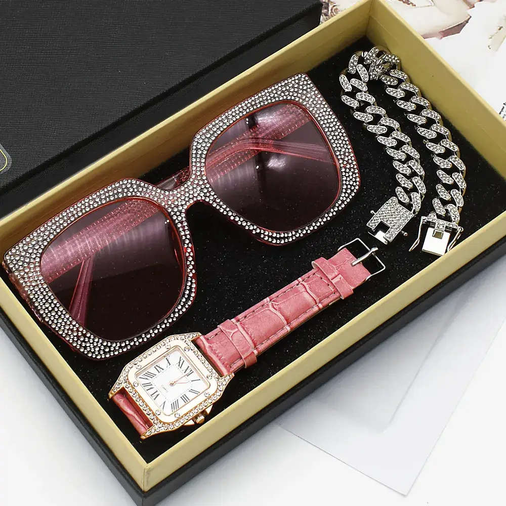 Diamond Sunglasses Watch Set for Women Red Leather Bracelet - Image 6