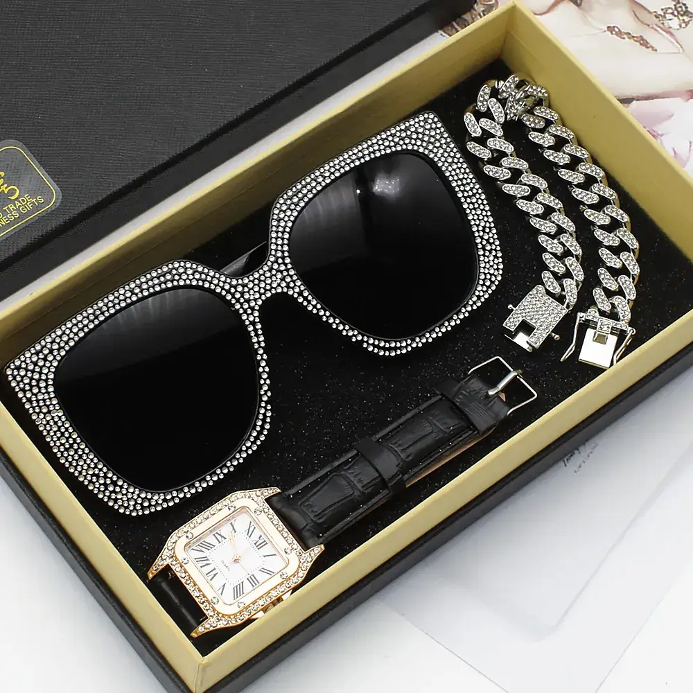 Diamond Sunglasses Watch Set for Women Red Leather Bracelet