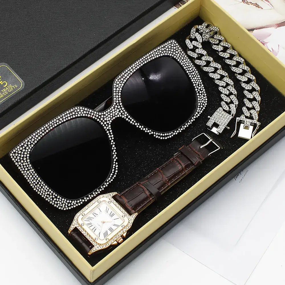 Diamond Sunglasses Watch Set for Women Red Leather Bracelet - Image 8