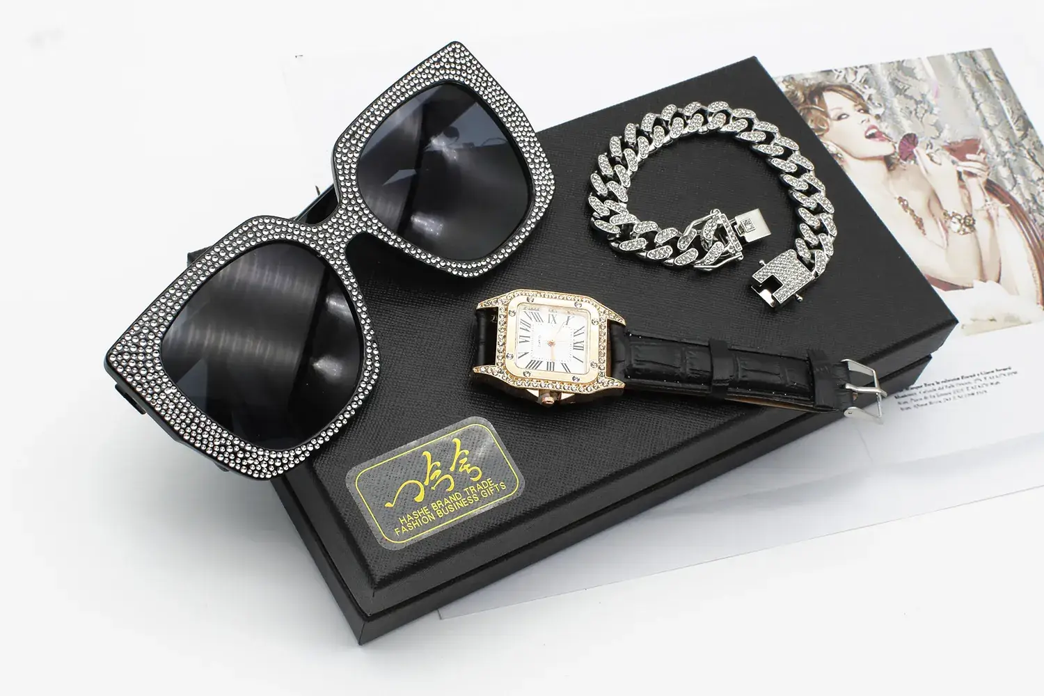 Diamond Sunglasses Watch Set for Women Red Leather Bracelet — feature 10