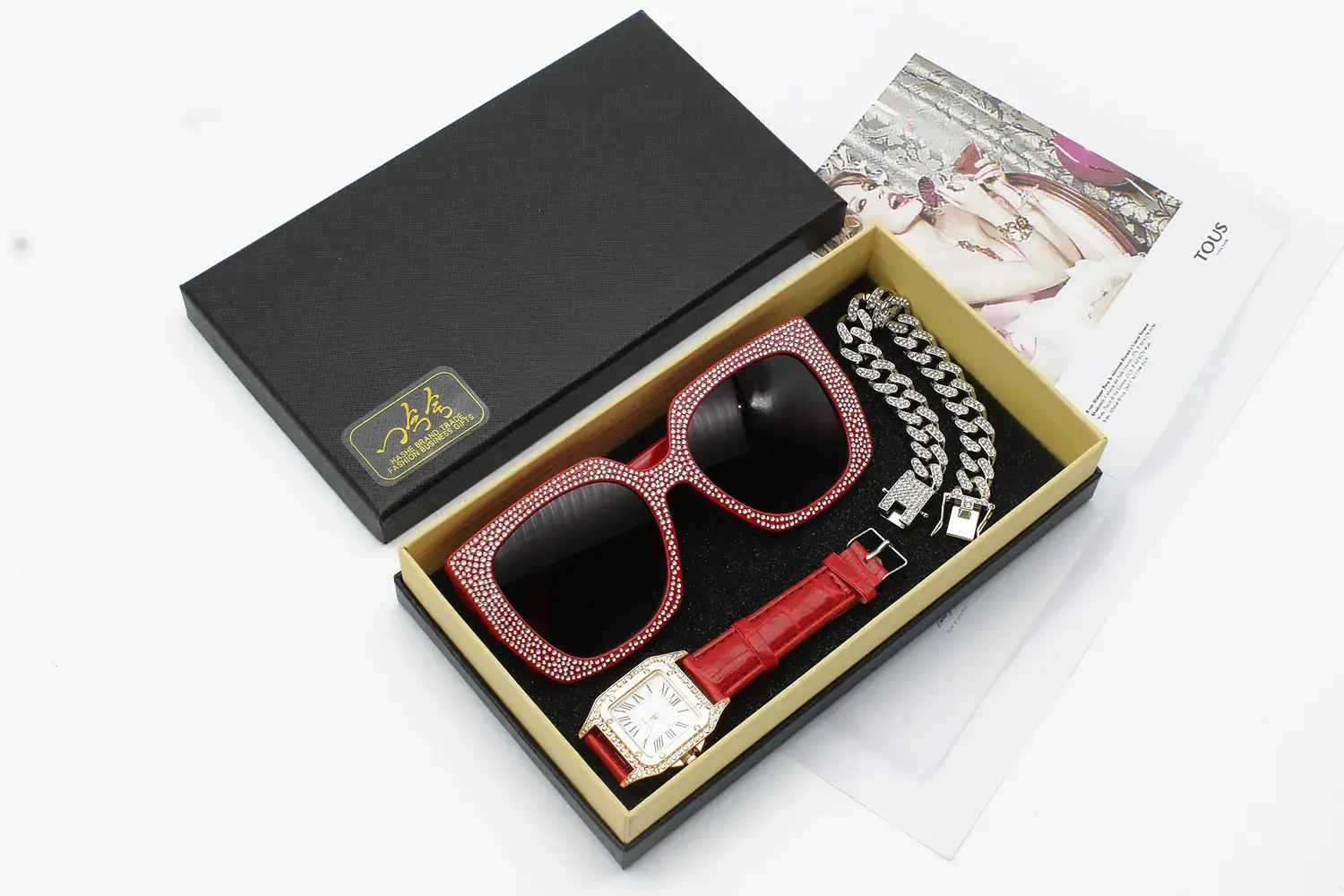 Diamond Sunglasses Watch Set for Women Red Leather Bracelet — feature 11