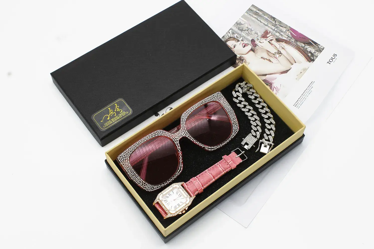 Diamond Sunglasses Watch Set for Women Red Leather Bracelet — feature 12