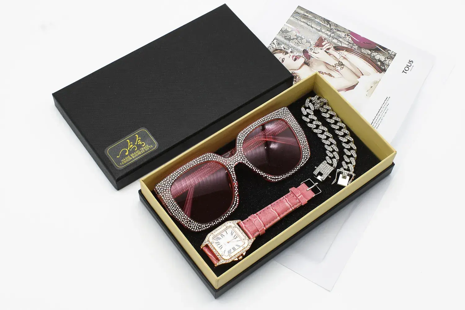Diamond Sunglasses Watch Set for Women Red Leather Bracelet — feature 13