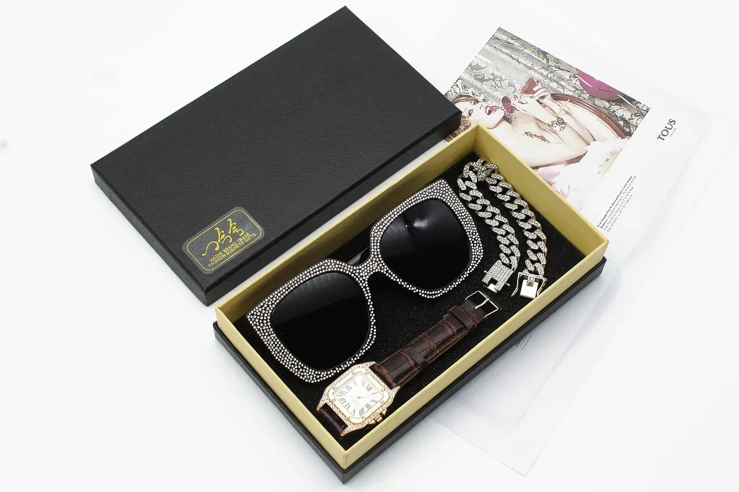 Diamond Sunglasses Watch Set for Women Red Leather Bracelet — feature 15