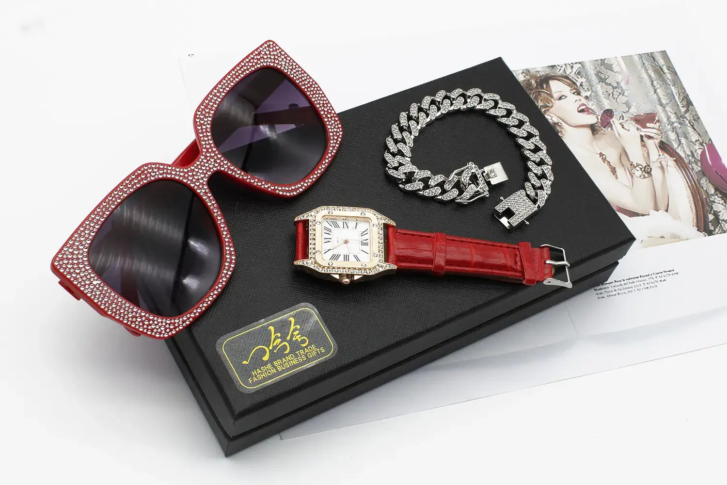 Diamond Sunglasses Watch Set for Women Red Leather Bracelet — feature 7
