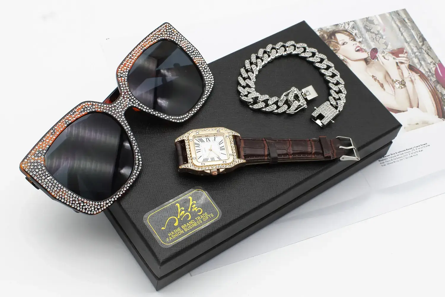 Diamond Sunglasses Watch Set for Women Red Leather Bracelet — feature 8