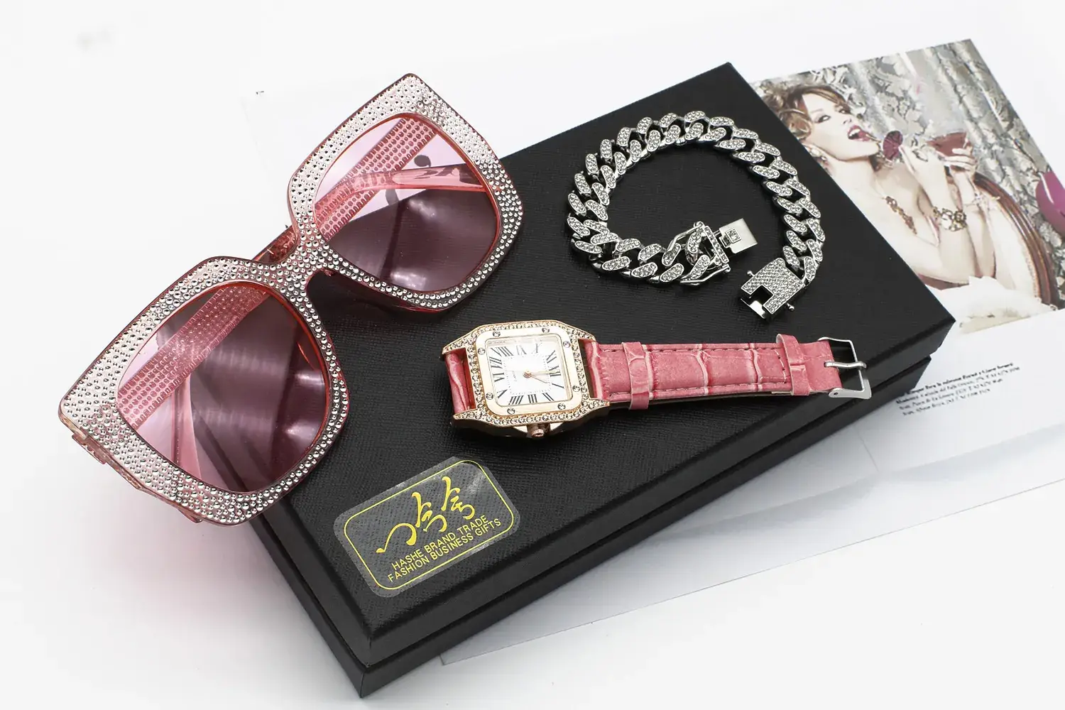 Diamond Sunglasses Watch Set for Women Red Leather Bracelet — feature 9