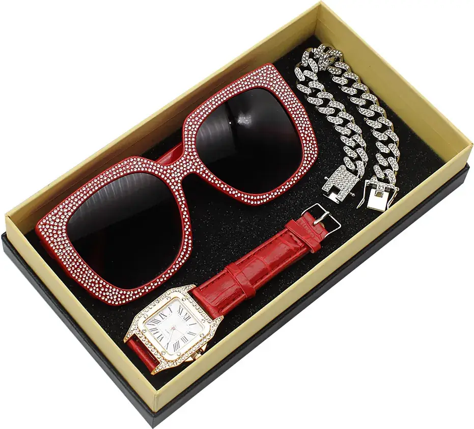 Diamond Sunglasses Watch Set for Women Red Leather Bracelet