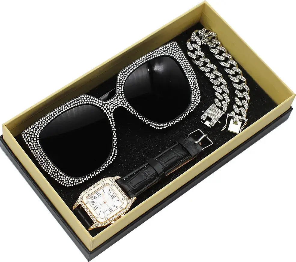 Diamond Sunglasses Watch Set for Women Red Leather Bracelet
