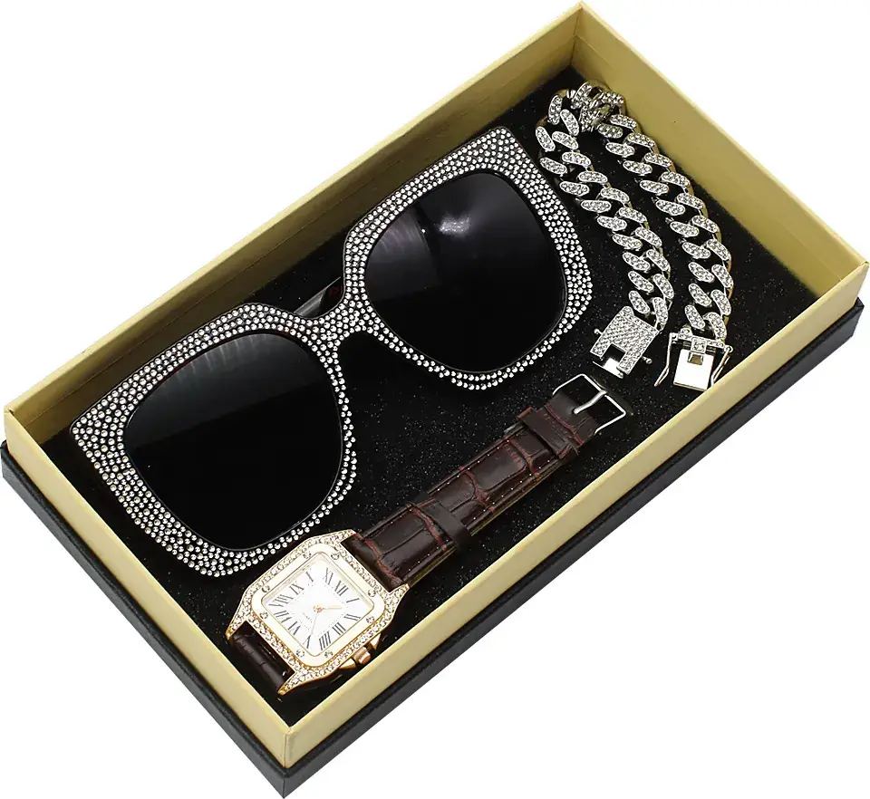Diamond Sunglasses Watch Set for Women Red Leather Bracelet