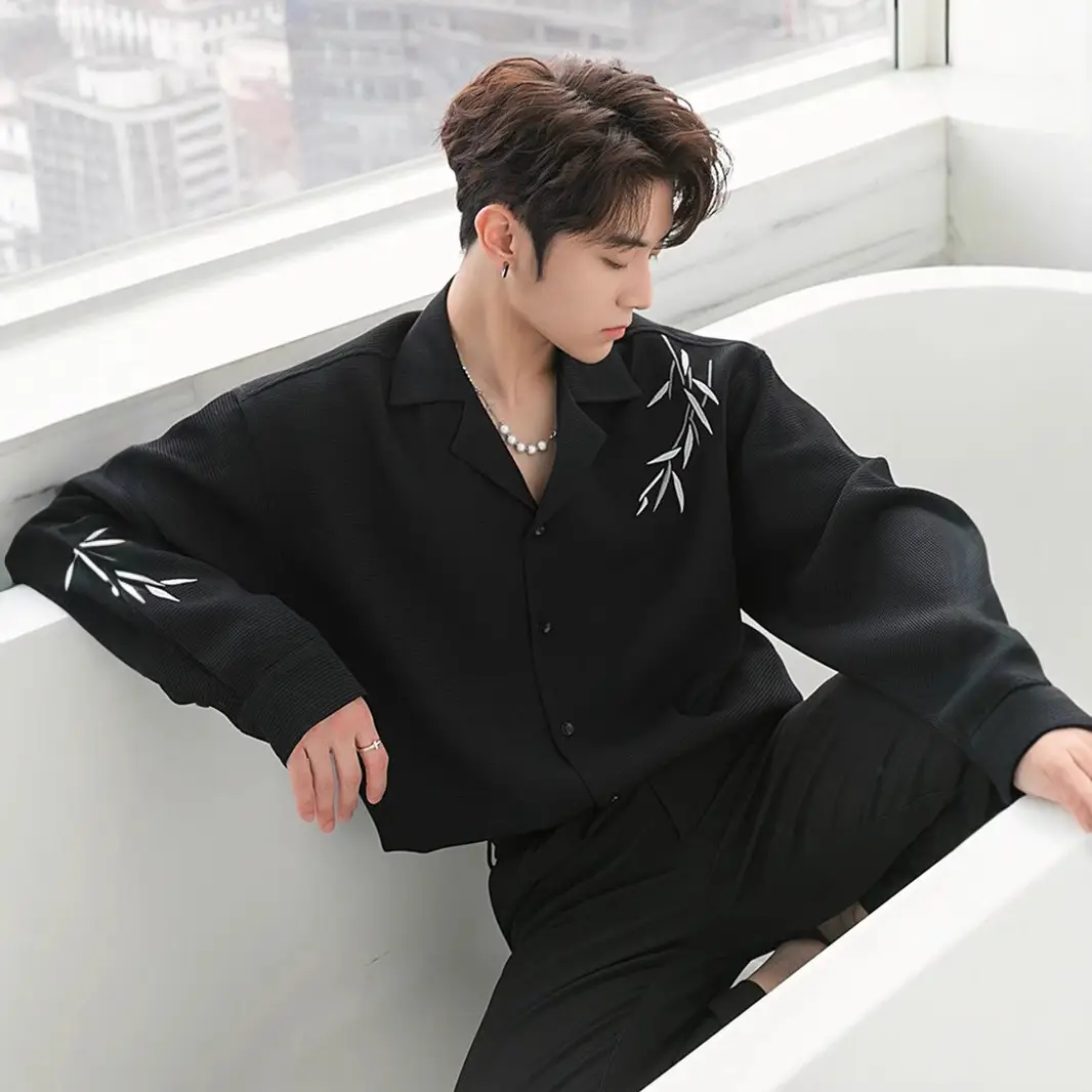Men's Black Bamboo Embroidered Long-Sleeve Shirt