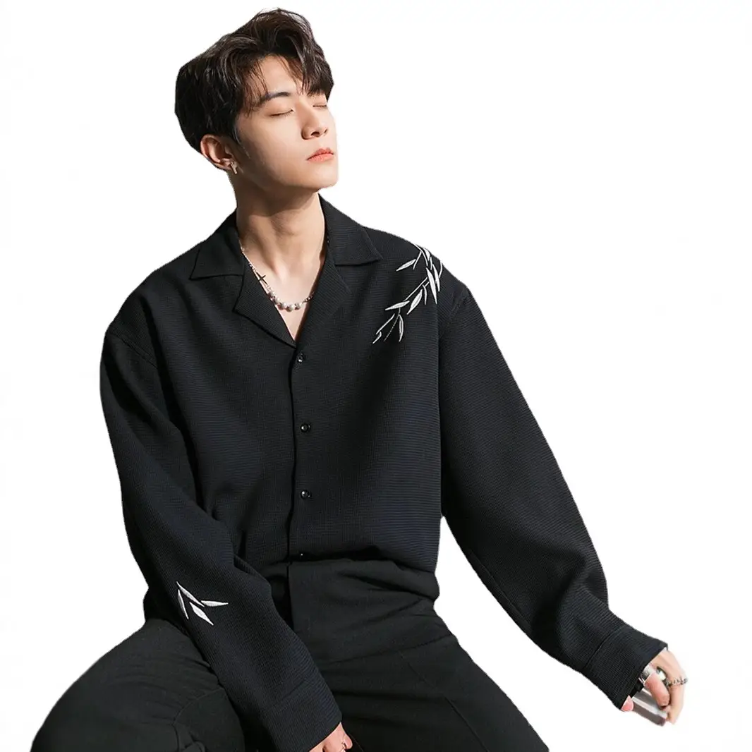 Men's Black Bamboo Embroidered Long-Sleeve Shirt