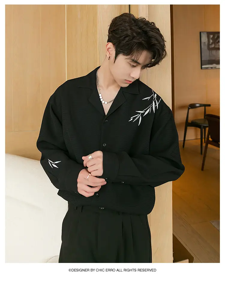 Men's Black Bamboo Embroidered Long-Sleeve Shirt — feature 10