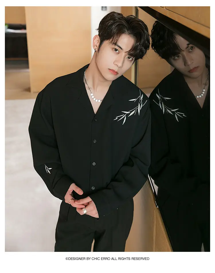Men's Black Bamboo Embroidered Long-Sleeve Shirt — feature 11