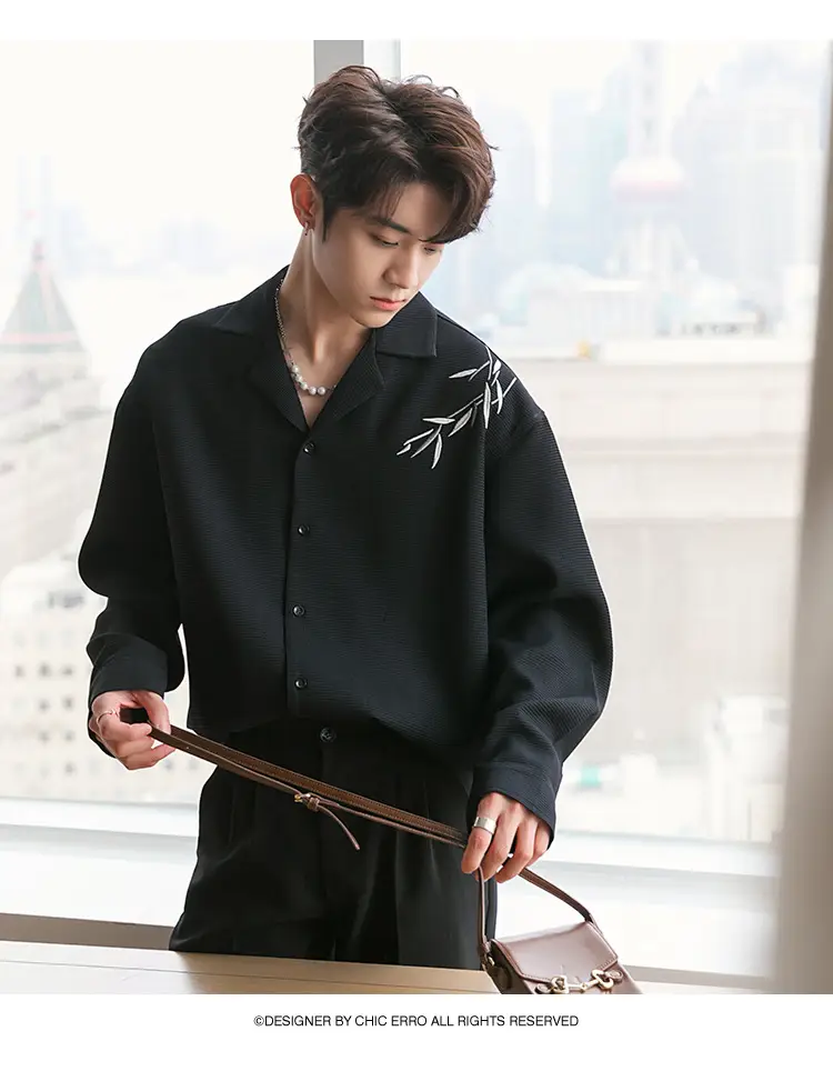 Men's Black Bamboo Embroidered Long-Sleeve Shirt — feature 13