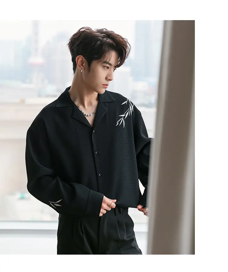Men's Black Bamboo Embroidered Long-Sleeve Shirt — feature 14